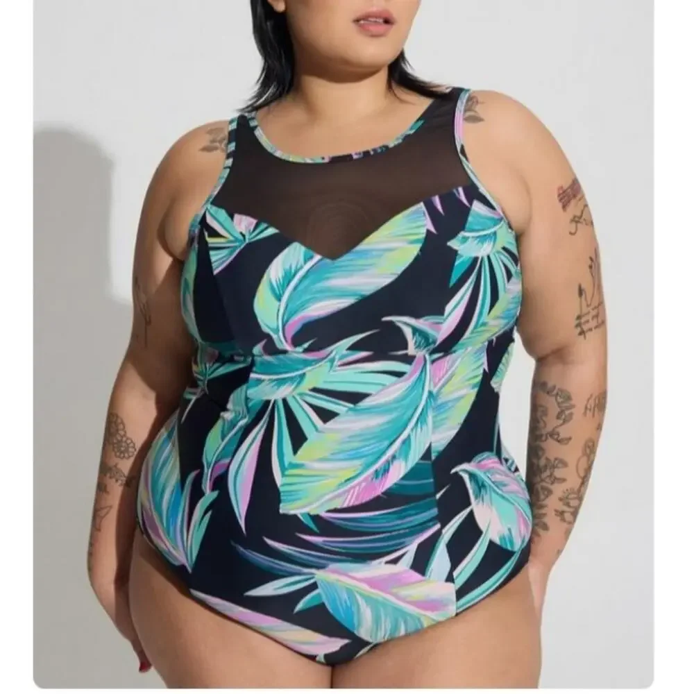 TORRID BATHING SUIT SIZE 3X Wireless High Neck One Piece Swimsuit Tropical Print - Picture 5 of 10